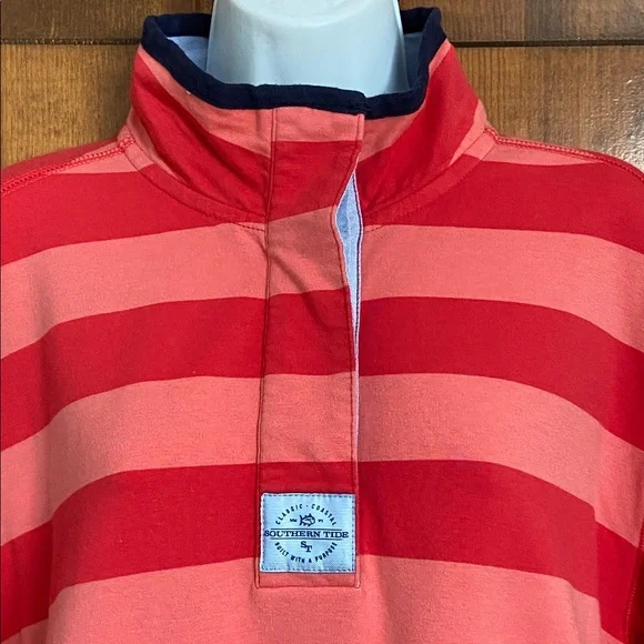 Southern Tide Striped Skiptide Pullover Fire Red Elbow Pads Rugby Size Large - Picture 6 of 15